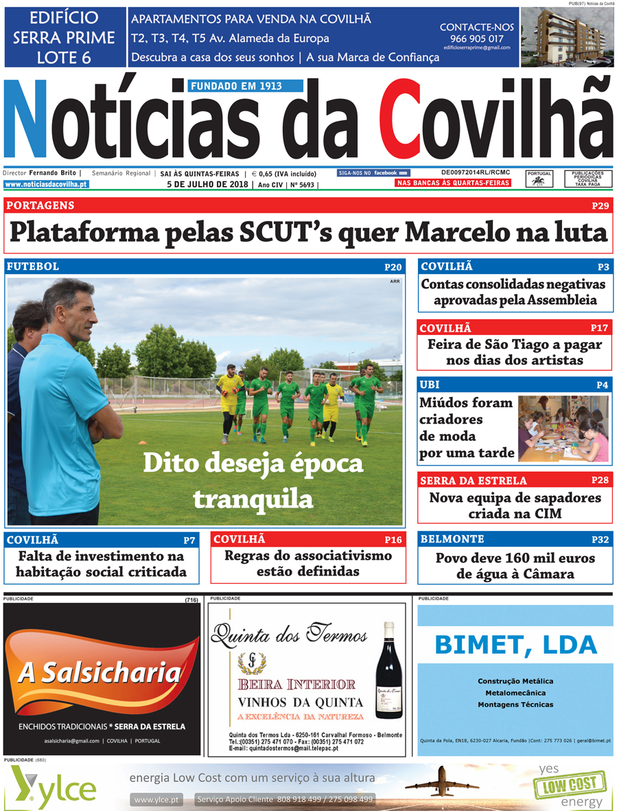 Capa do Jornal Notícias da Covilhã de 2018-07-05